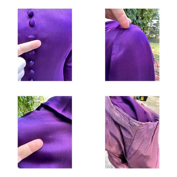 60s Scooter Dress Royal Purple Satin & Multicolor Floral Velvet Drop Waist Sm - Picture 16 of 16